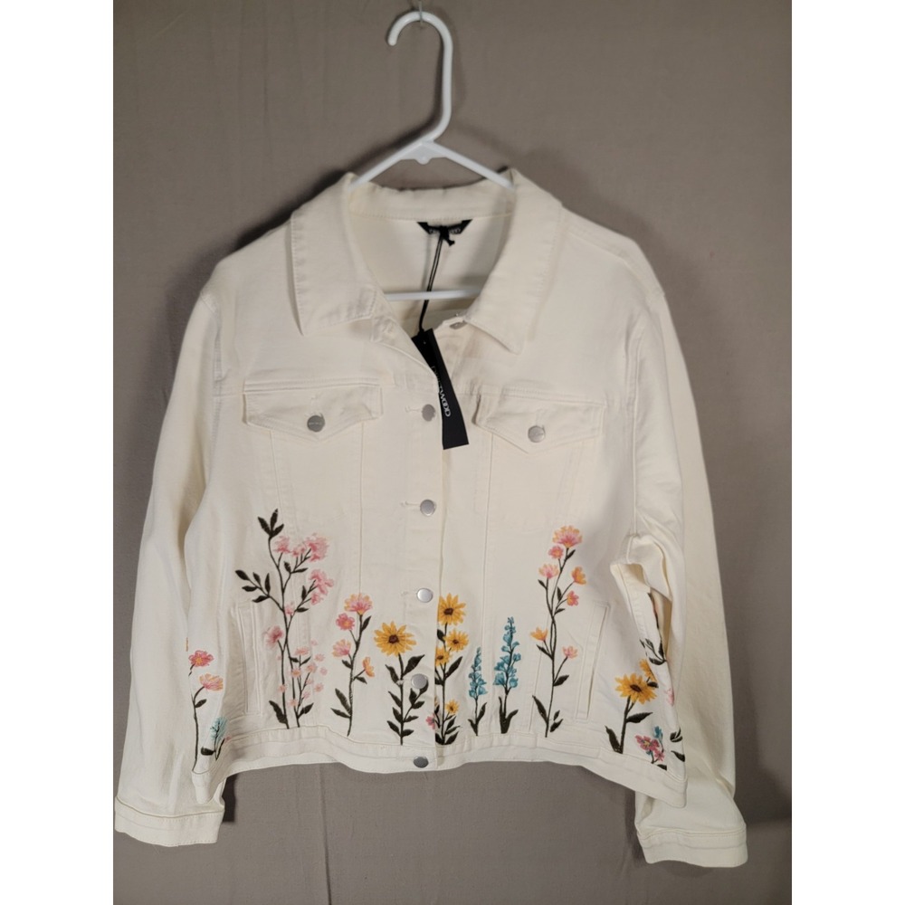 NWT Driftwood Embroidered Denim Jacket Womens 2X Cream Floral Wildflower Trucker